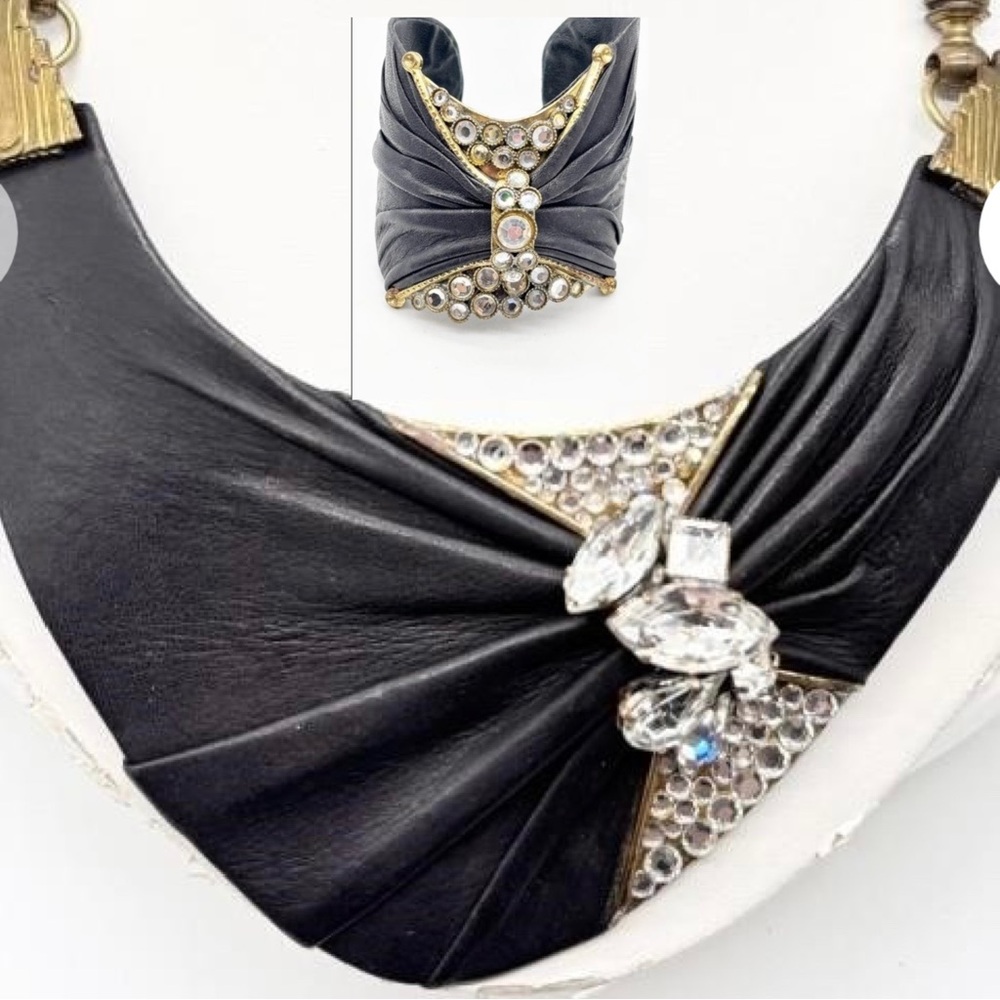 Rare 70s Vintage Luigi Briglia Leather Gem & Metal Bohemian Necklace Set